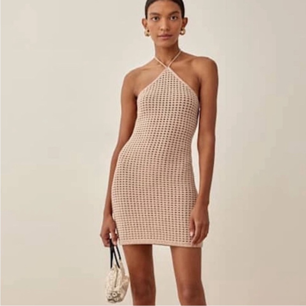Reformation Nude Crochet Halter Mini Dress